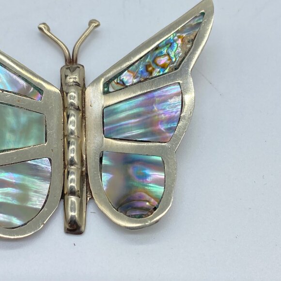 Vtg Sterling Silver Abalone Butterfly Brooch Signed Alpacha Shell Inlay Mexico - Picture 3 of 12